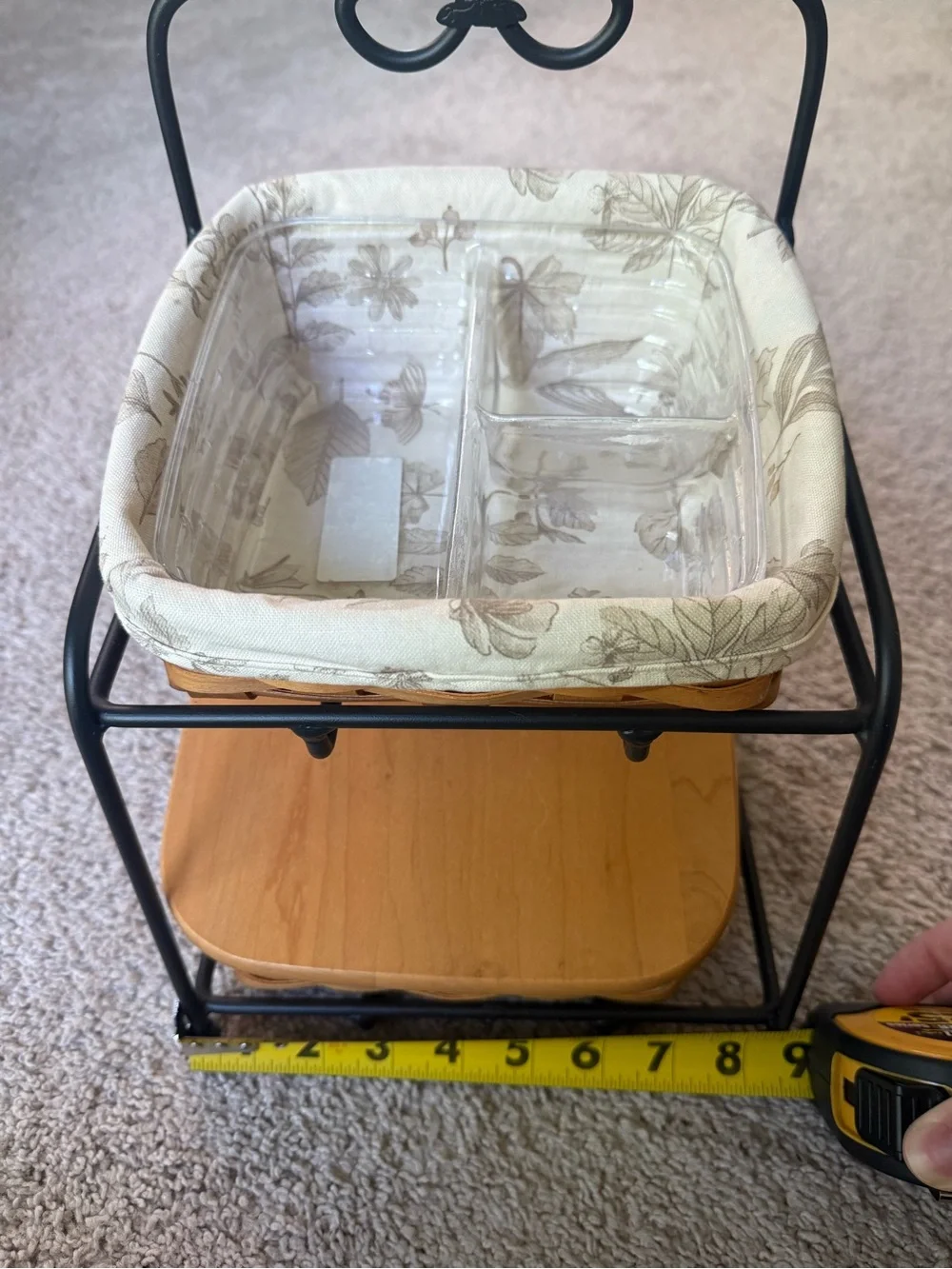 LONGABERGER 2003 WROUGHT IRON 2 TIER STAND W/ FABRIC PLASTIC BASKET LINERS 1 LID